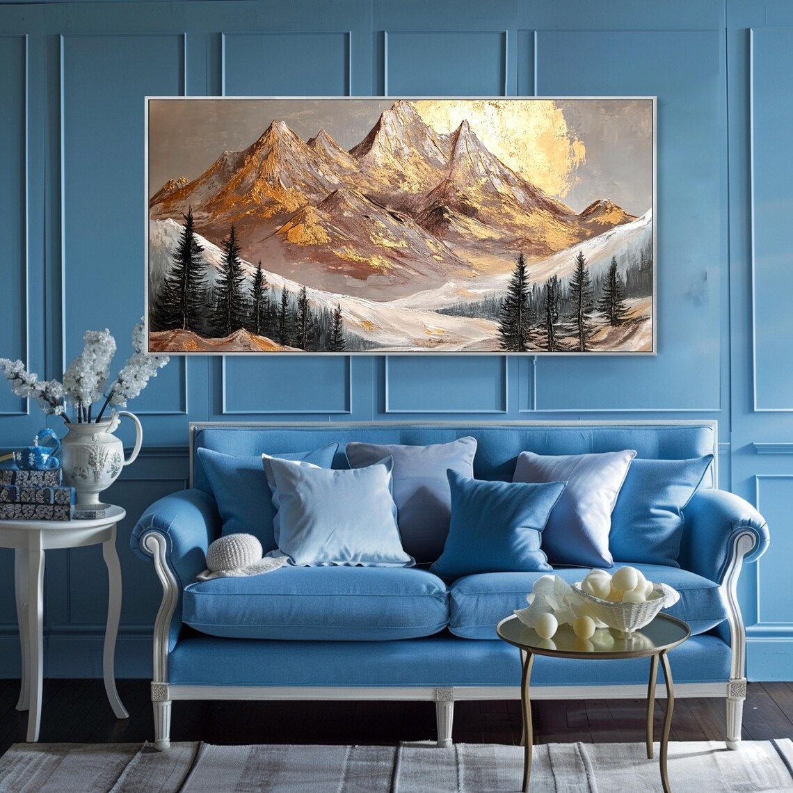 Golden Snow Mountain Peaks Warm Sunset Alpine Pines Landscape Poster - Image 3