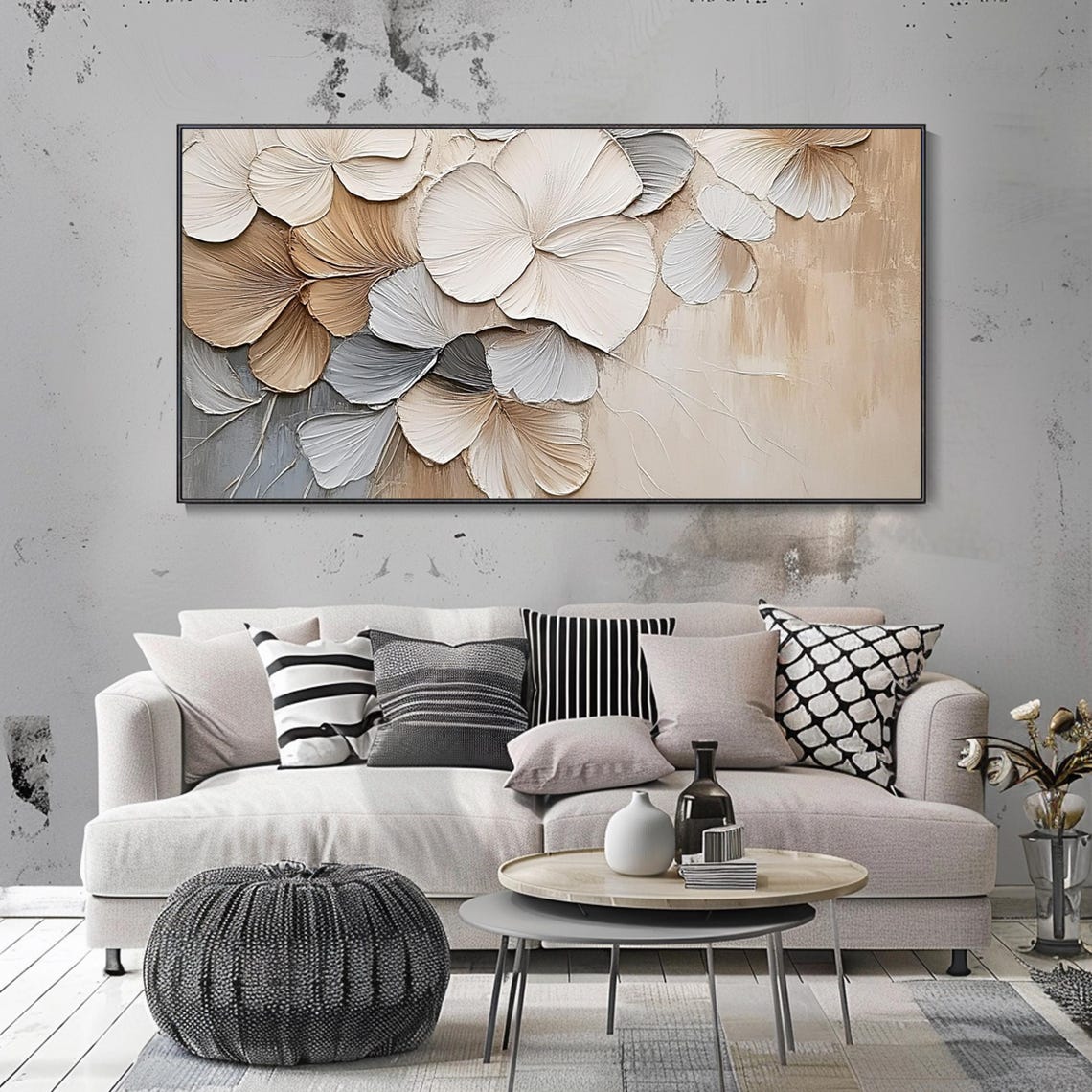 Neutral Beige Bloom Flower Impasto Textured Elegant Floral Wall Art - Image 3