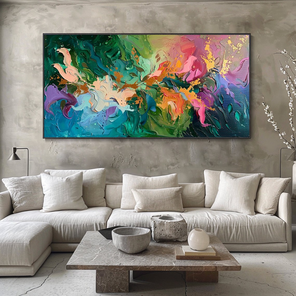Vibrant Emerald Pink Purple Gold Fluid Abstract Modern Decor Poster - Image 3