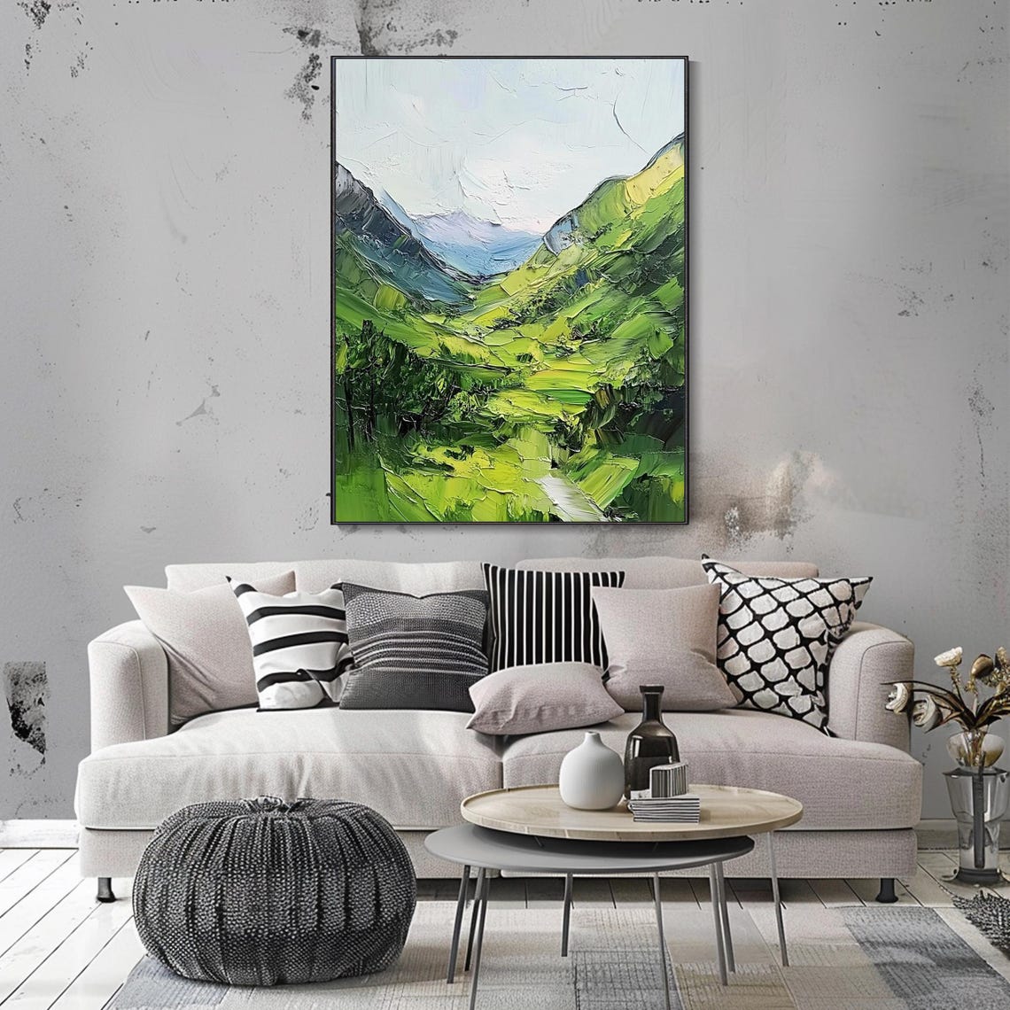 Green Rolling Hills Mountain Valley Bright Spring Landscape Oil Poster - Image 3