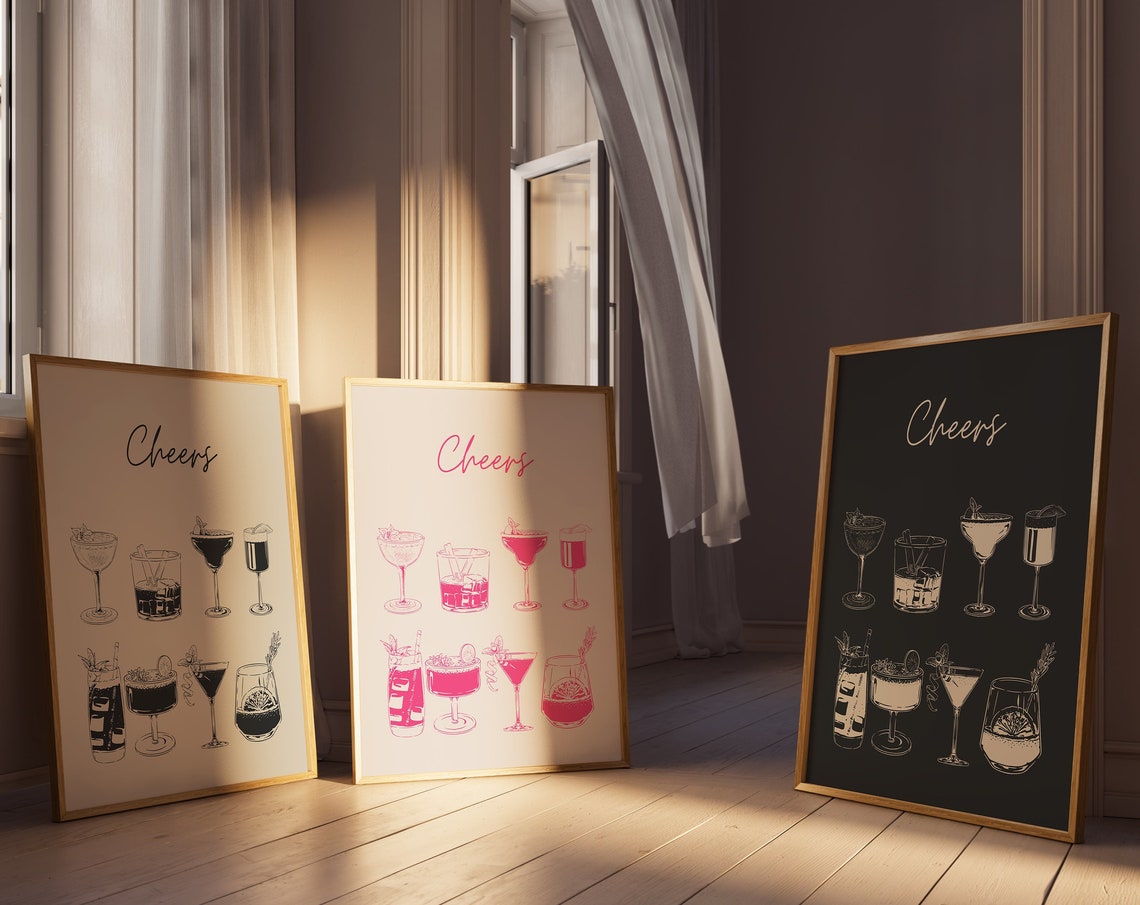 Cheers Cocktail Glasses Line Art Happy Hour Bar Decor Wall Poster