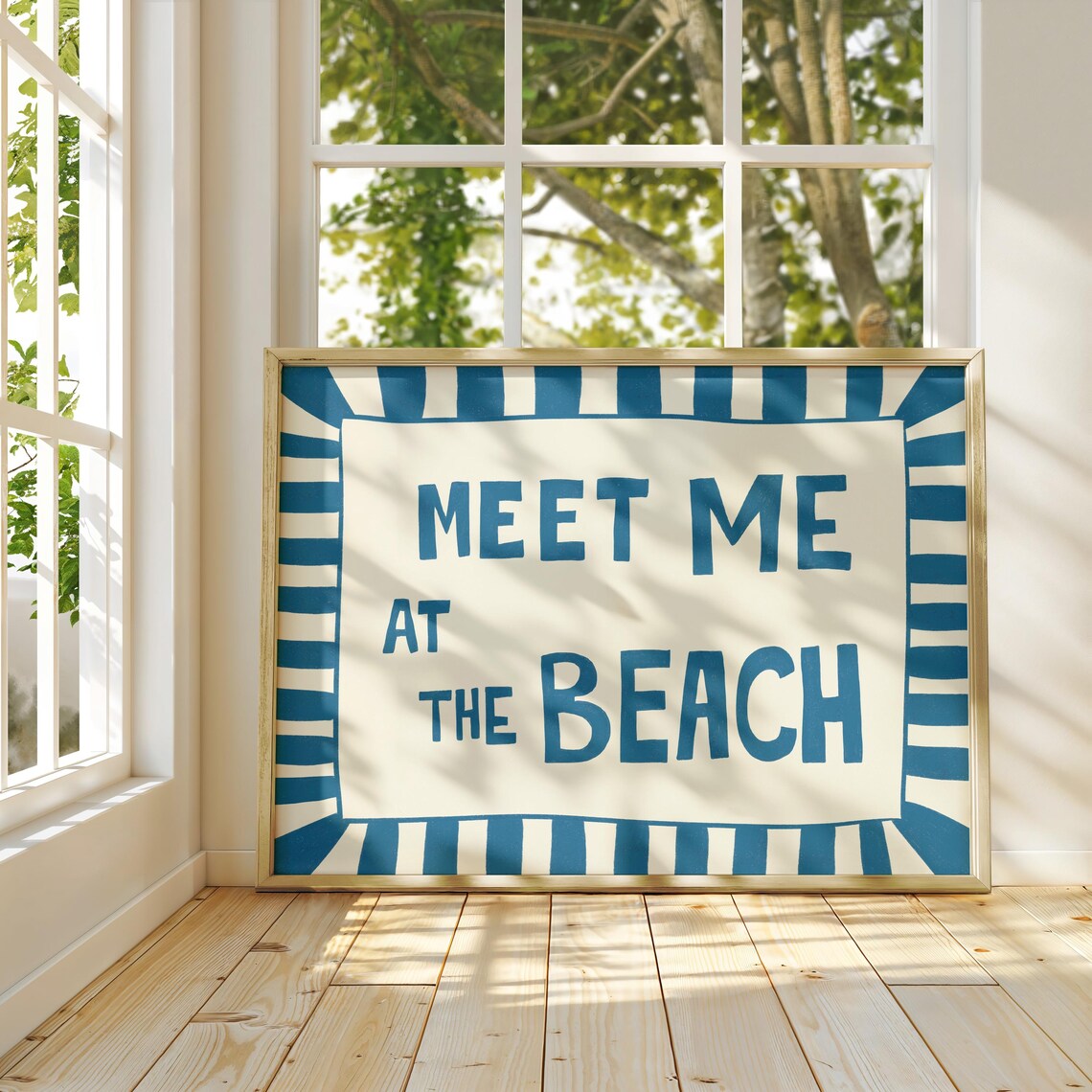Meet Me At The Beach Blue Striped Coastal Typography Art Poster