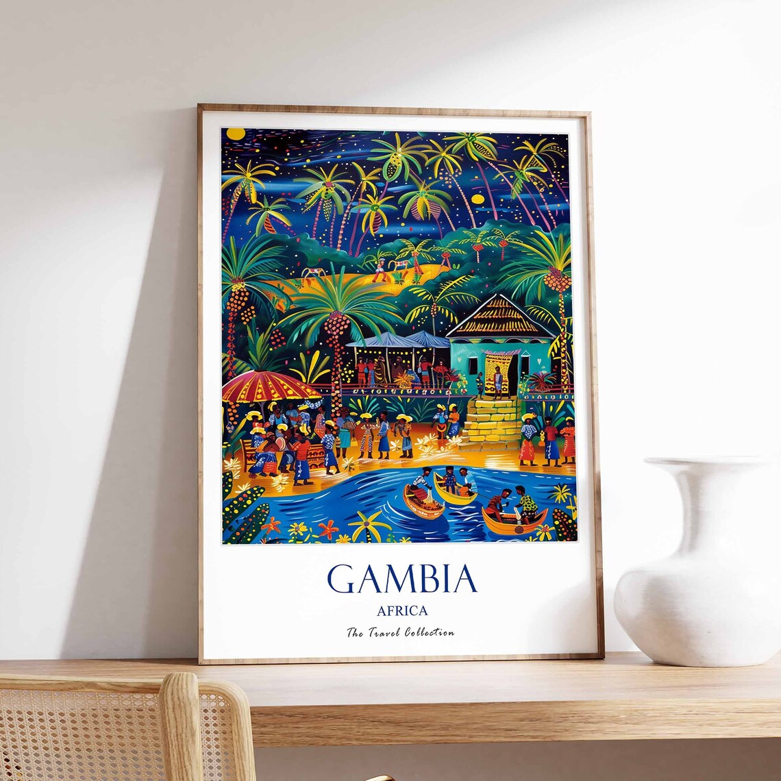 Gambia Africa Tropical Beach Boats Night Scene Travel Poster Art