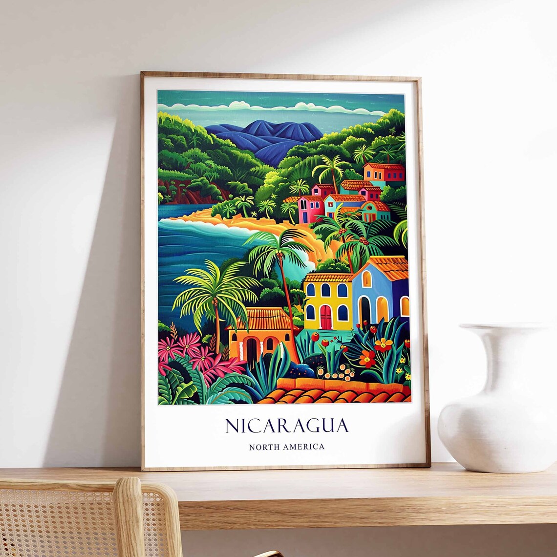 Nicaragua North America Coastal Village Tropical Colorful Travel Poster