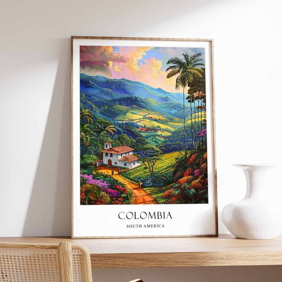 Colombia South America Travel Poster Tropical Valley Farmhouse
