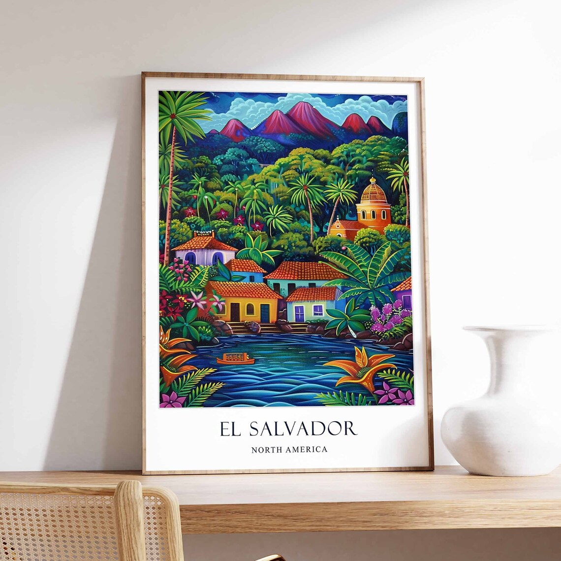 El Salvador North America Travel Poster Tropical Lake Village