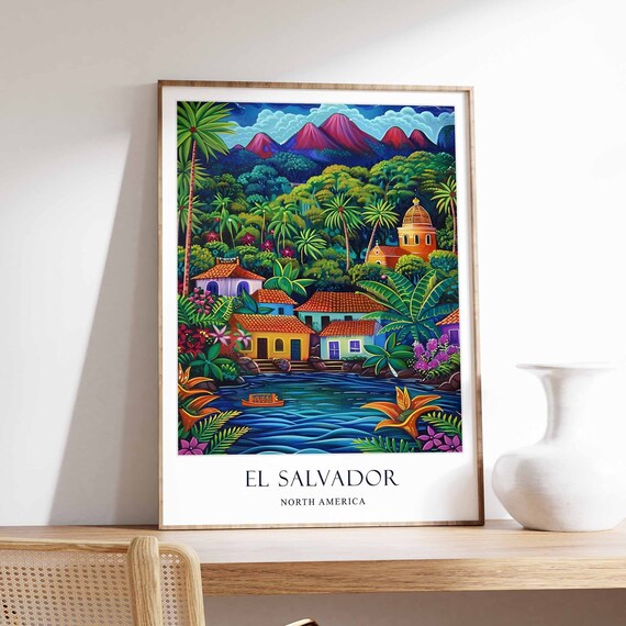El Salvador North America Travel Poster Tropical Lake Village