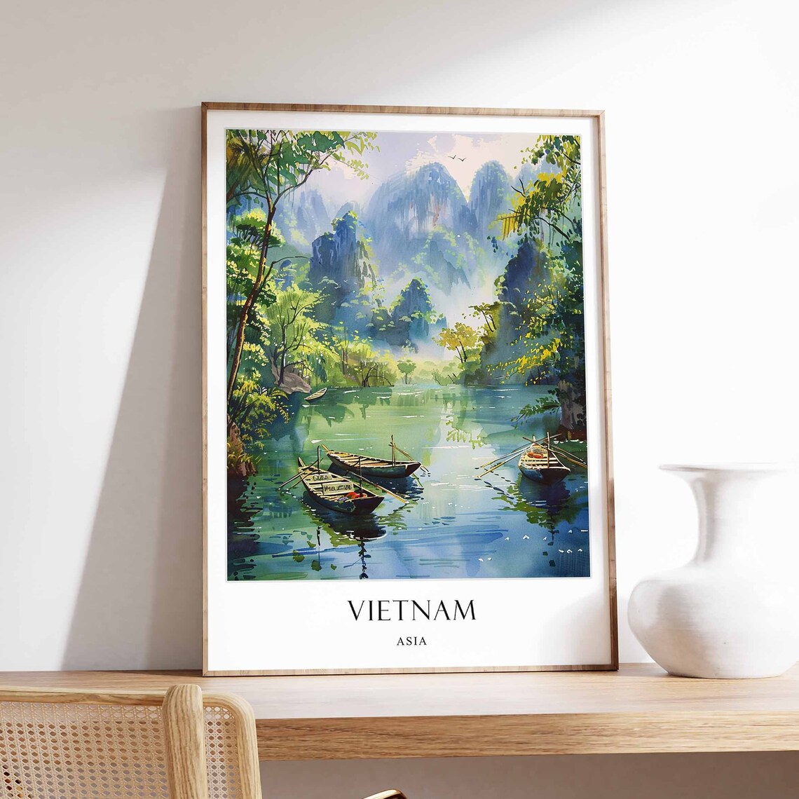 Vietnam Asia Karst Peaks River Boats Lush Watercolor Travel Poster