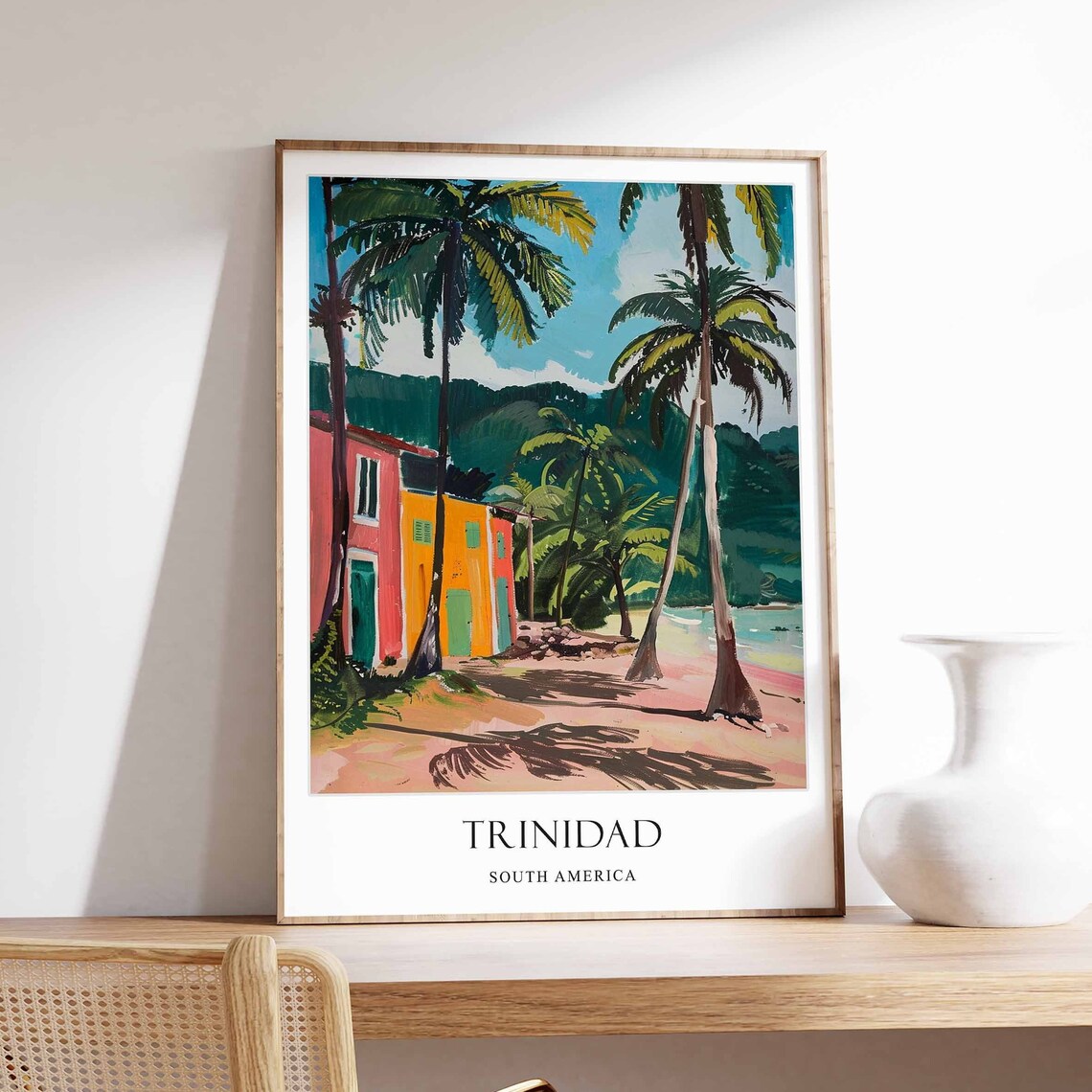 Trinidad South America Beach Palms Colorful Houses Island Travel Poster