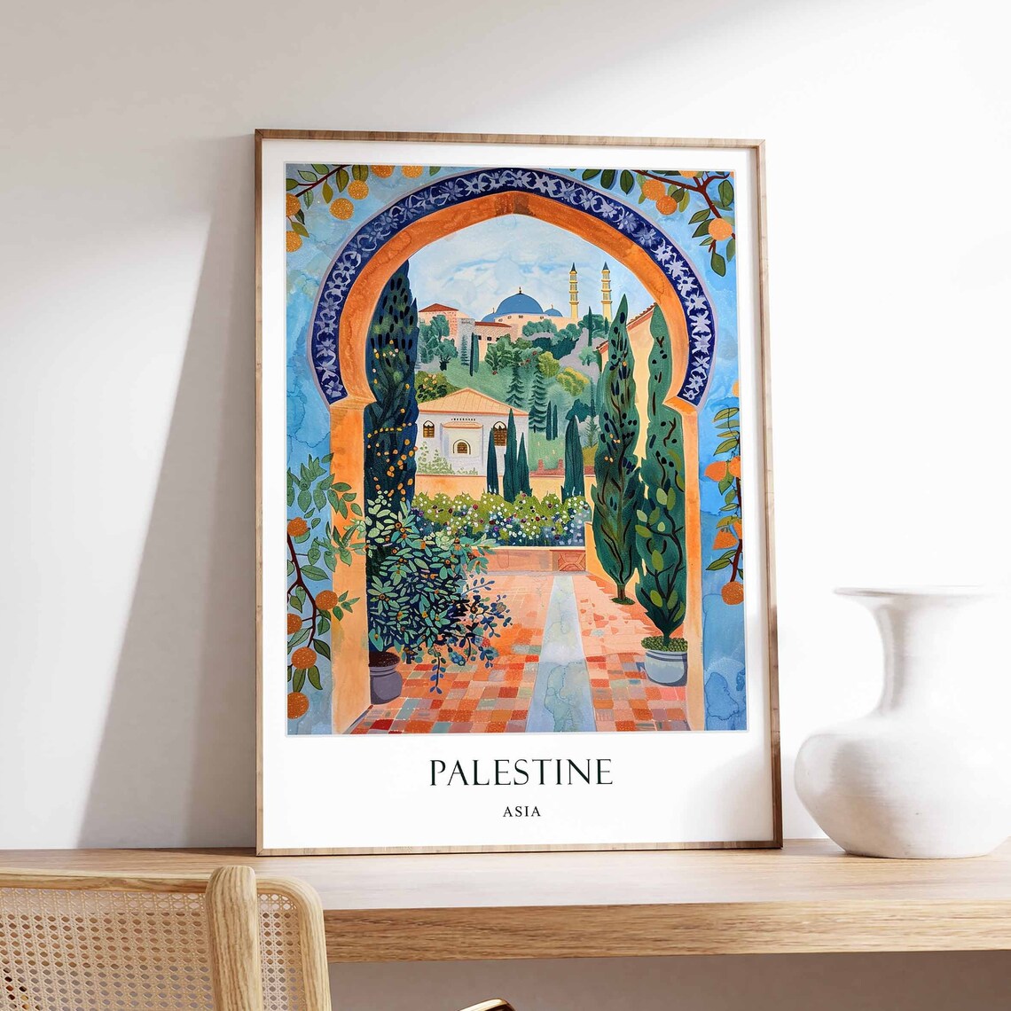 Palestine Asia Travel Poster Moorish Arch Garden Mosque View