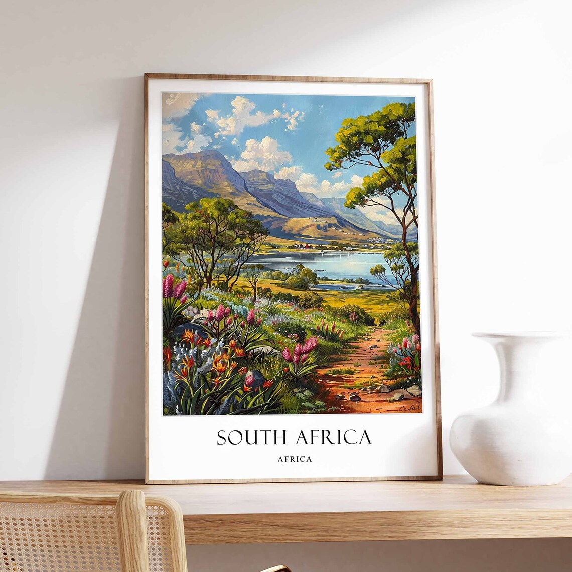 South Africa Table Mountain Cape Town Fynbos Vintage Travel Poster