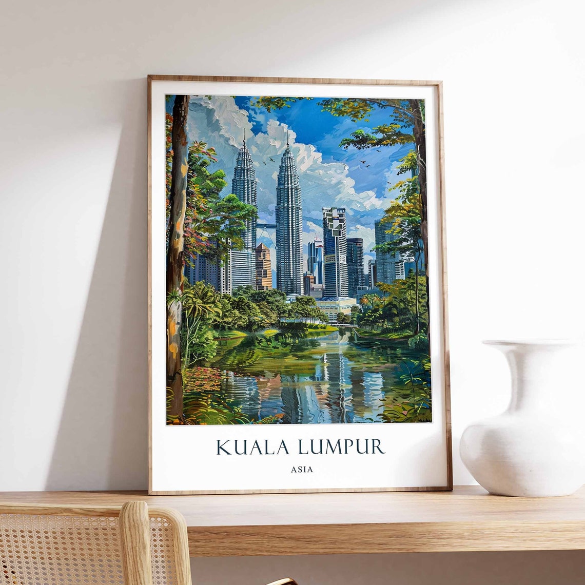 Kuala Lumpur Asia Petronas Towers Lake Reflection Travel Poster