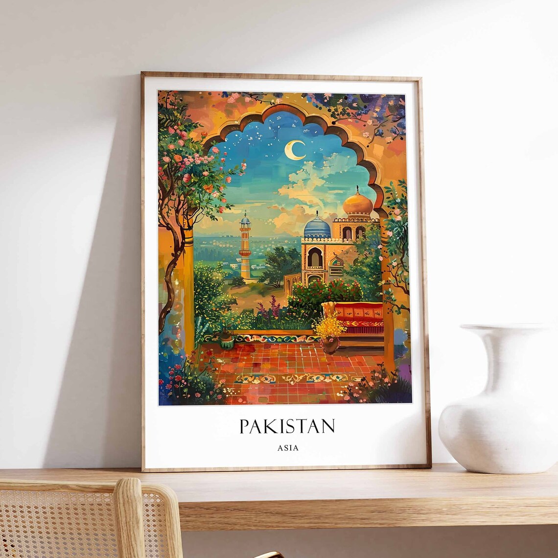 Pakistan Asia Travel Poster Mosque Palace Arch Moonlight Garden Scene