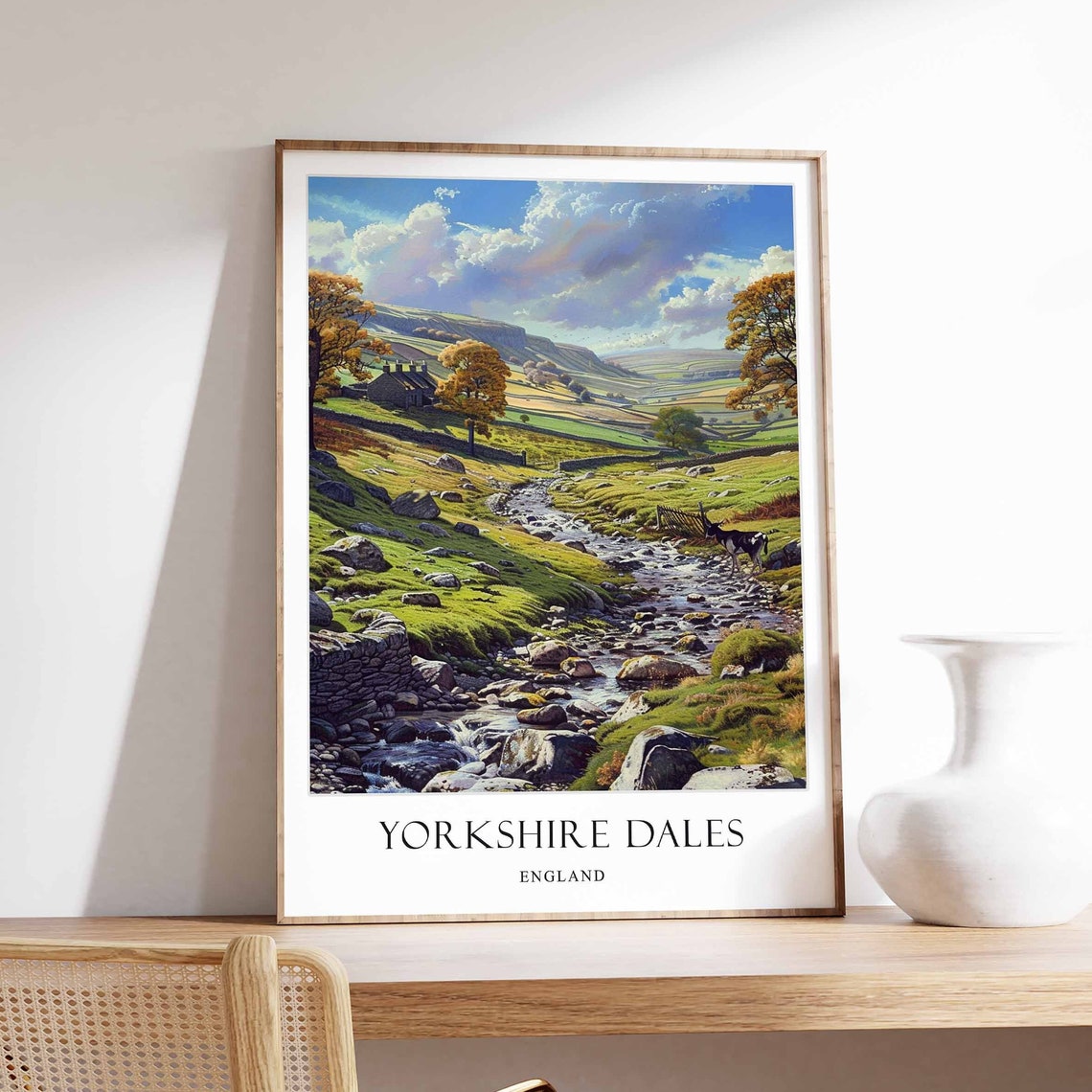 Yorkshire Dales England Travel Poster Green Hills Rocky Stream