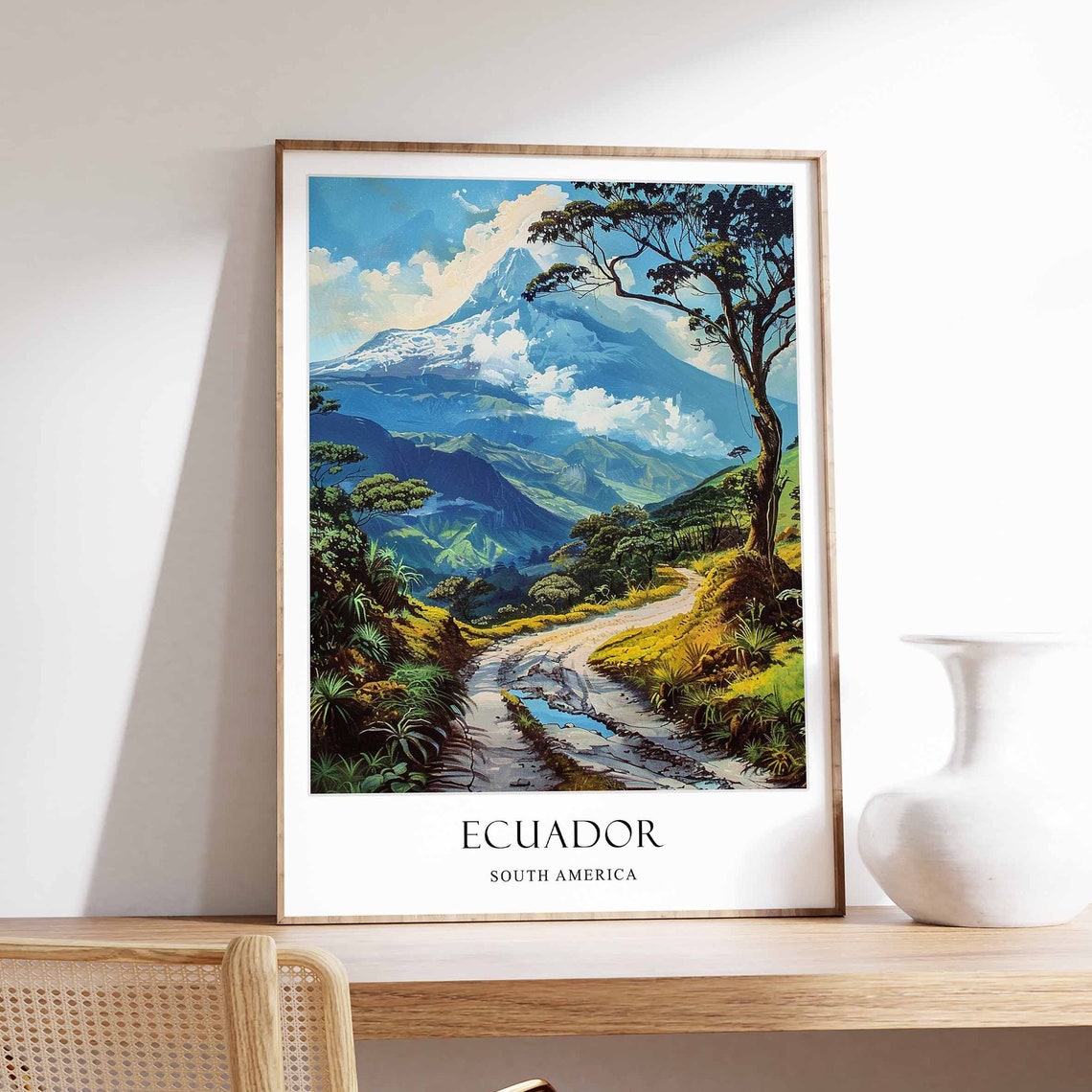 Ecuador Snow Capped Volcano Over Mountain Road Retro Travel Poster