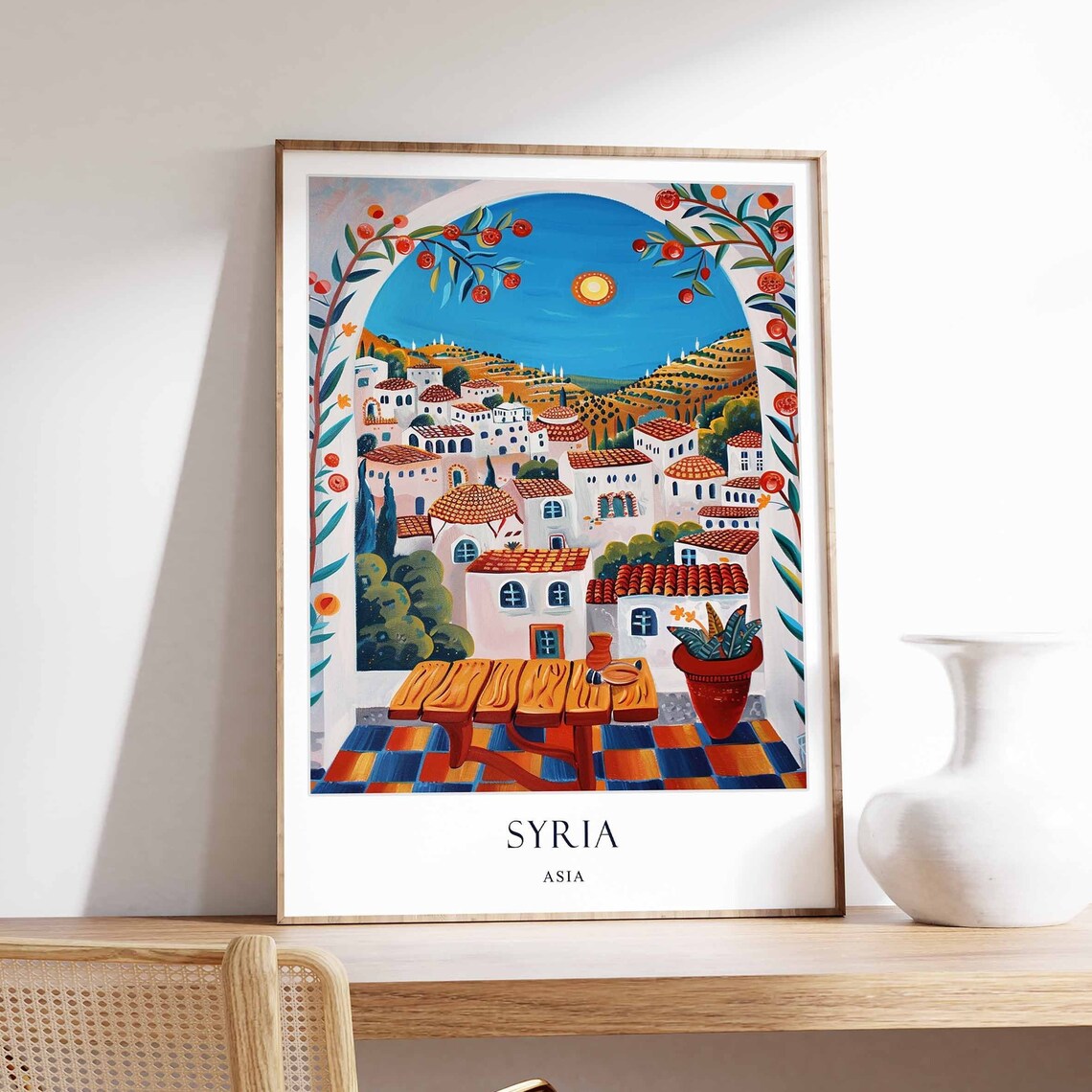 Syria Colorful Hillside Village Valley View Folk Art Travel Poster