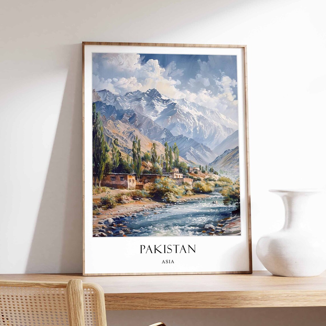 Pakistan Asia Snow Mountain River Valley Vintage Travel Poster