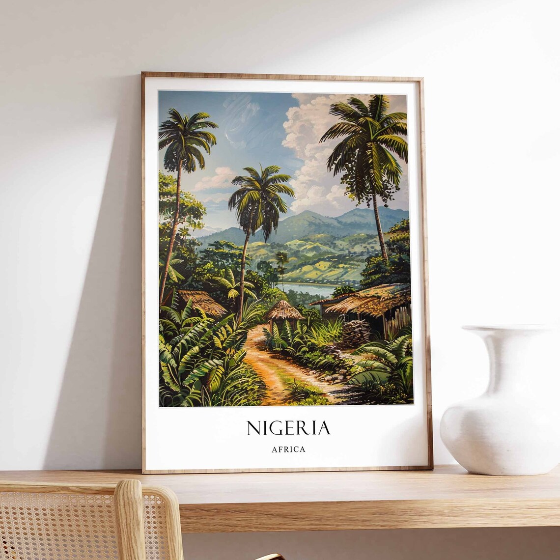 Nigeria Africa Tropical Palm Village Mountains Vintage Travel Poster