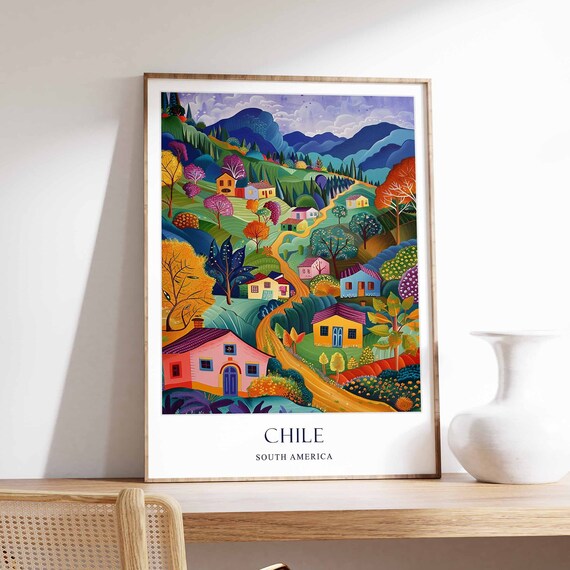 Chile South America Colorful Mountain Village Folk Travel Poster