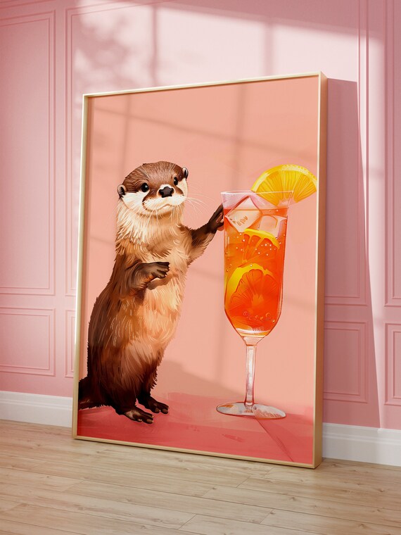 Otter With Aperol, Maximalist Oil Painting Poster