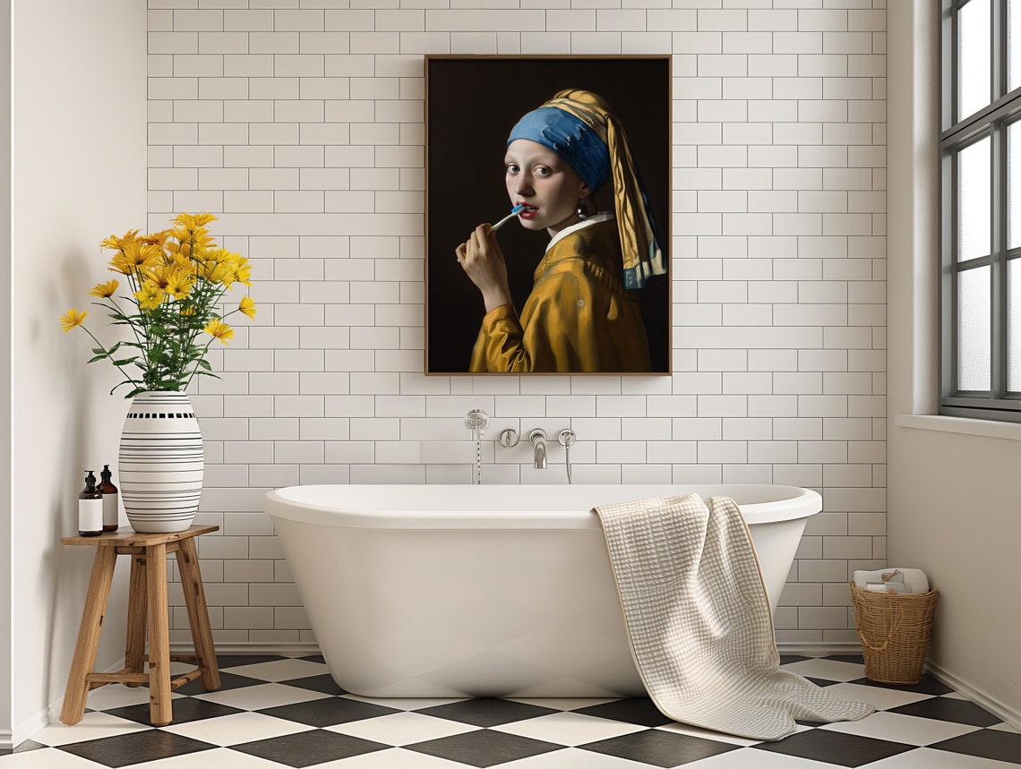 Girl With A Pearl Earring, Funny Bathroom Poster - Image 5