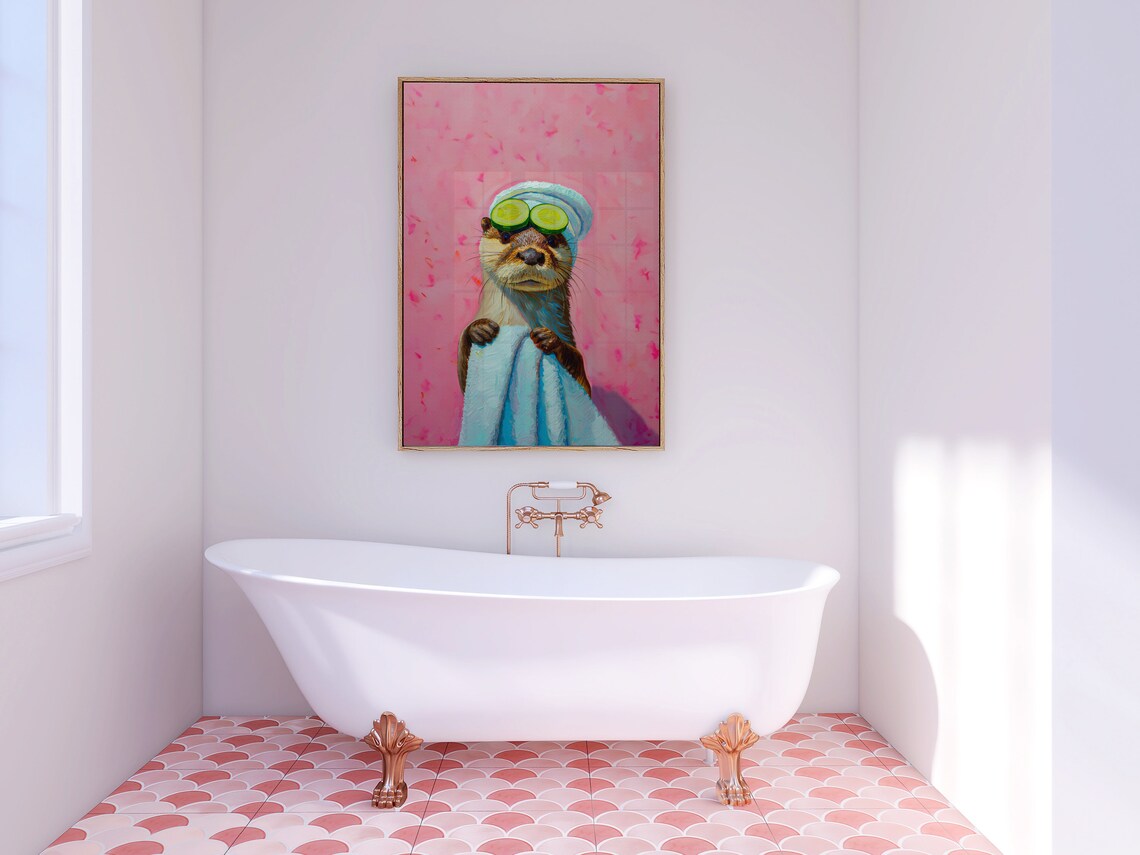 Cute Otter Oil Painting, Maximalist Bathroom Art Print - Image 3