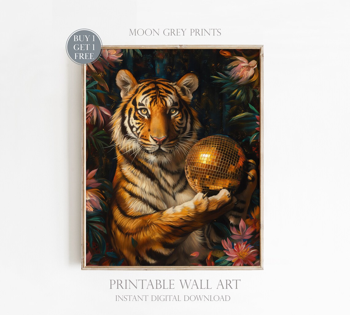 Tiger And Gold Disco Ball, Maximalist Oil Painting