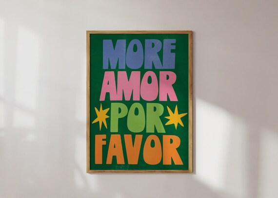 More Amor Por Favor Colorful Funky Retro Typography Quote Art Poster