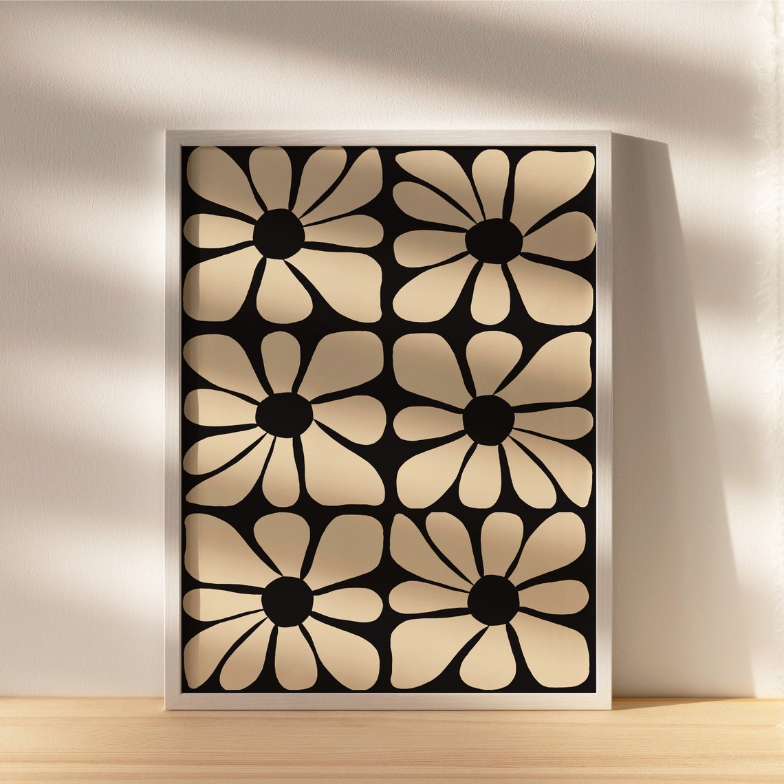 Retro 70s Daisy Flower Grid Poster in Cream and Black Squares - Image 2