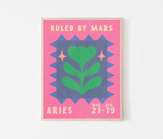 Aries Flower Poster Astrology Retro Wall Art Colorful Maximalist Zodiac Sign Print Scandi Sun Sign Gift Pink Green Blue Home Decor