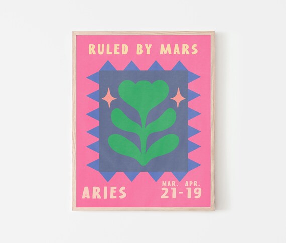 Aries Zodiac Plant Poster Ruled By Mars Retro Pink Astrology Print