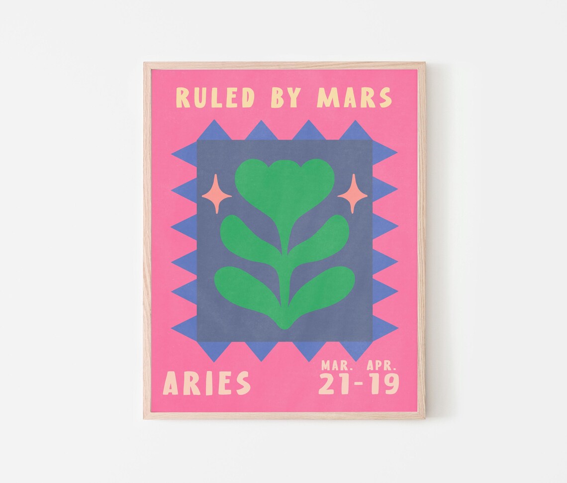 Aries Zodiac Plant Poster Ruled By Mars Retro Pink Astrology Print