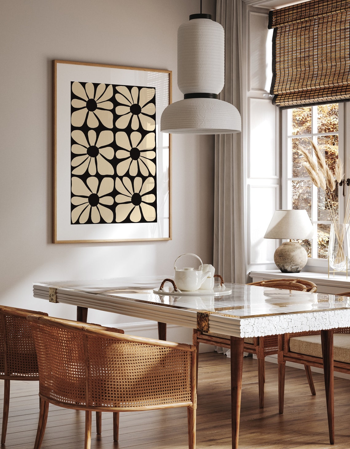 Retro 70s Daisy Flower Grid Poster in Cream and Black Squares - Image 3