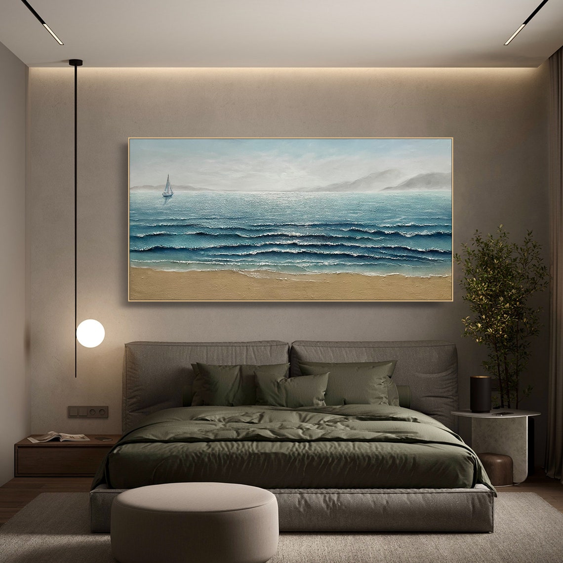Calm Seascape With Lone Sailboat On Golden Sand Beach Poster - Image 3