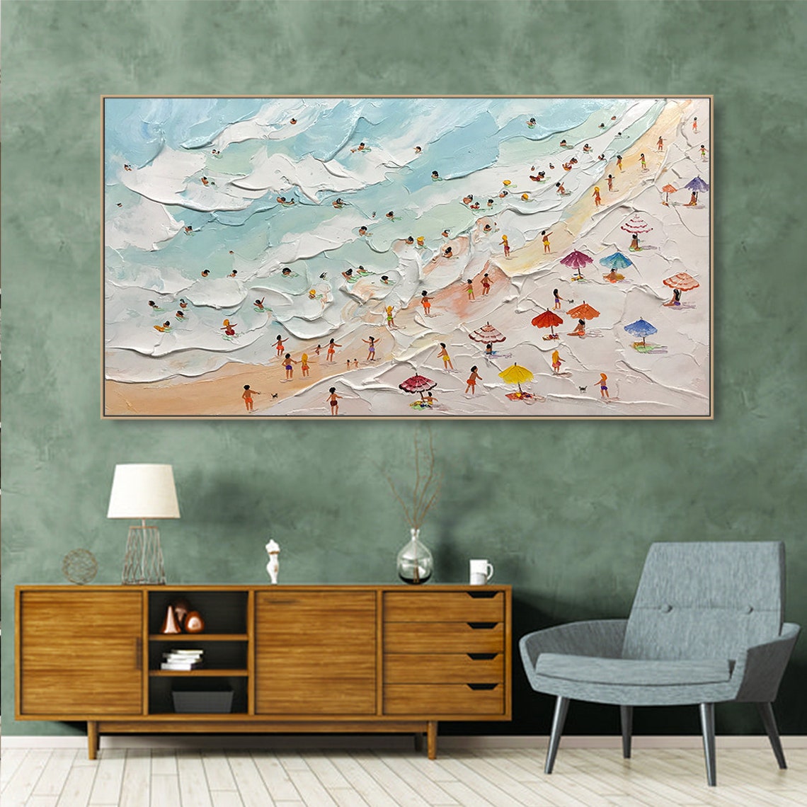 Busy Beach Scene with Umbrellas Textured Oil Painting Art Poster - Image 3