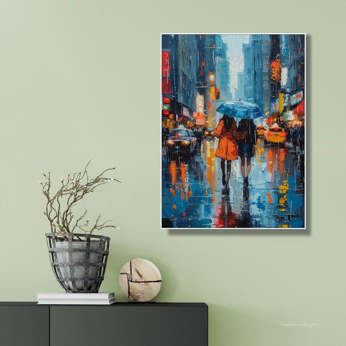 Romantic Rainy City Street Couple Sharing Blue Umbrella Poster - Image 2