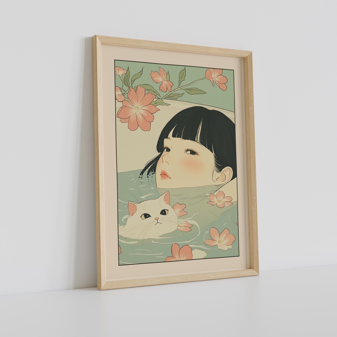 Japanese Girl Bathing with a White Cat Among Blooming Flowers Poster - Image 2