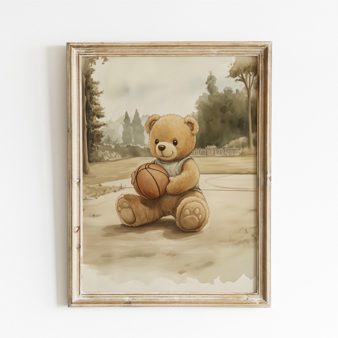 Teddy Bear Sitting on a Basketball Court Holding a Basketball Poster