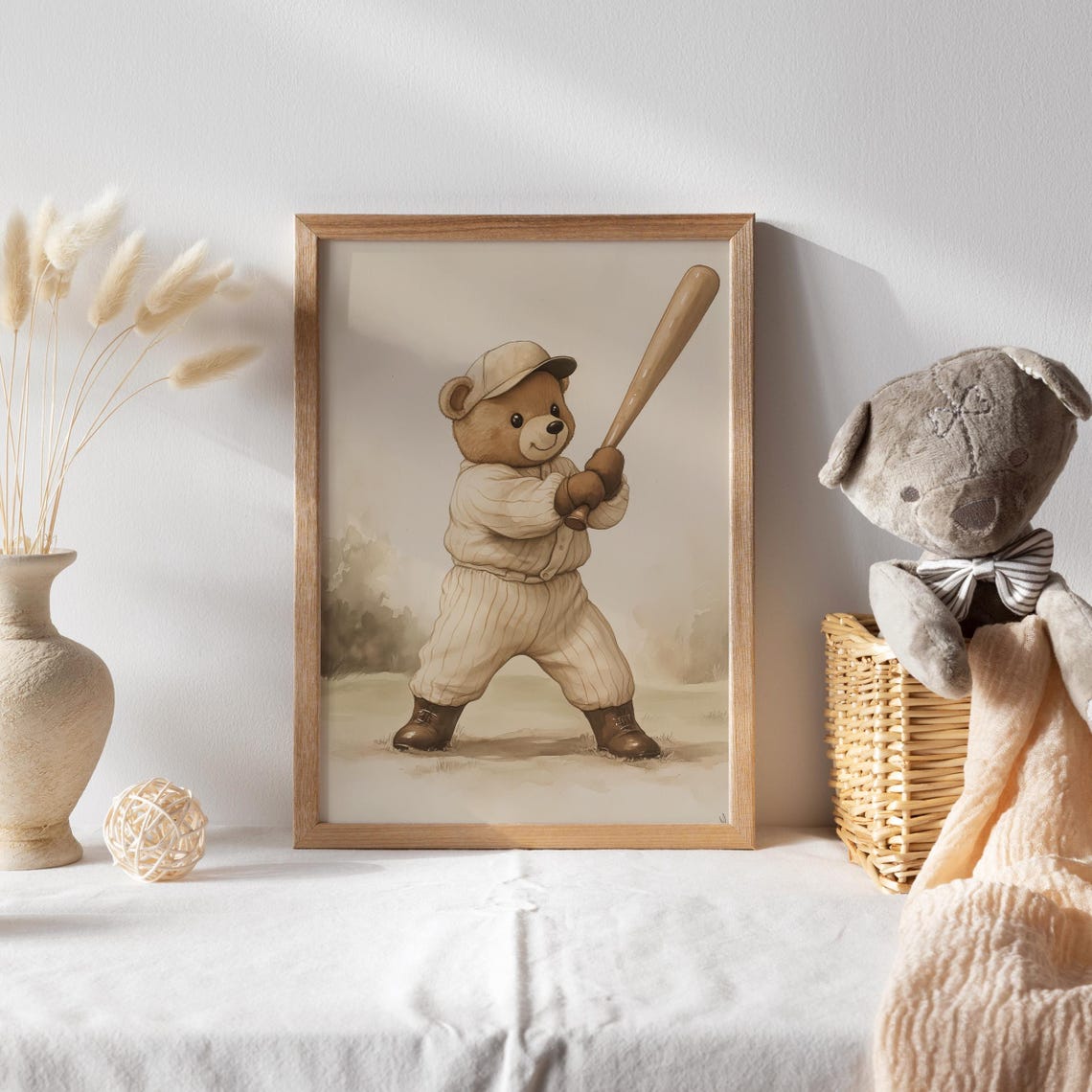 Vintage Teddy Bear Baseball Batter in Pinstripes Mid Swing Poster - Image 2