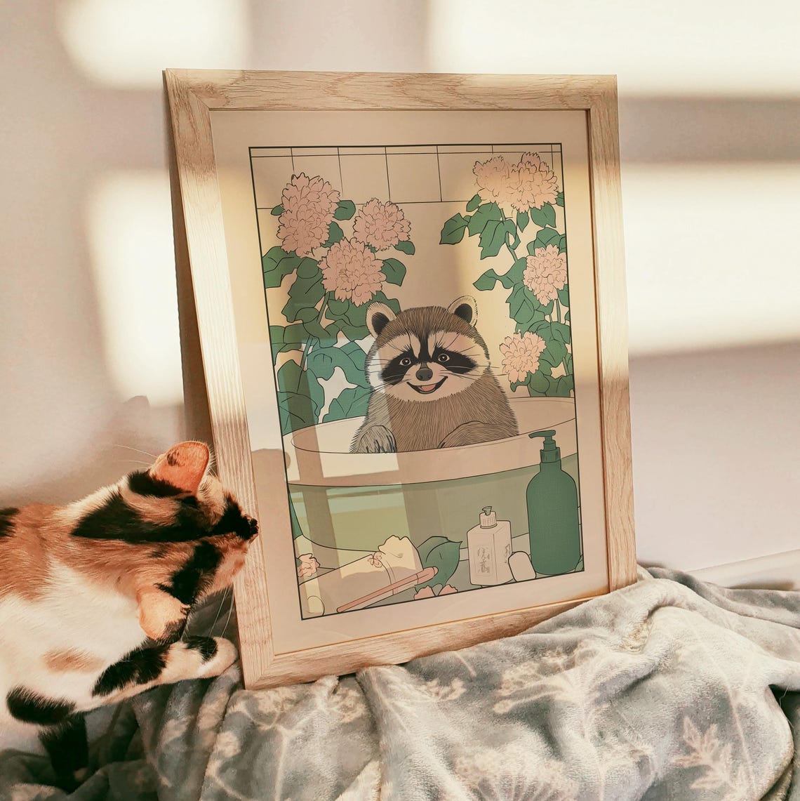 Smiling Raccoon in a Bathtub with Pink Chrysanthemum Blooms Poster - Image 3
