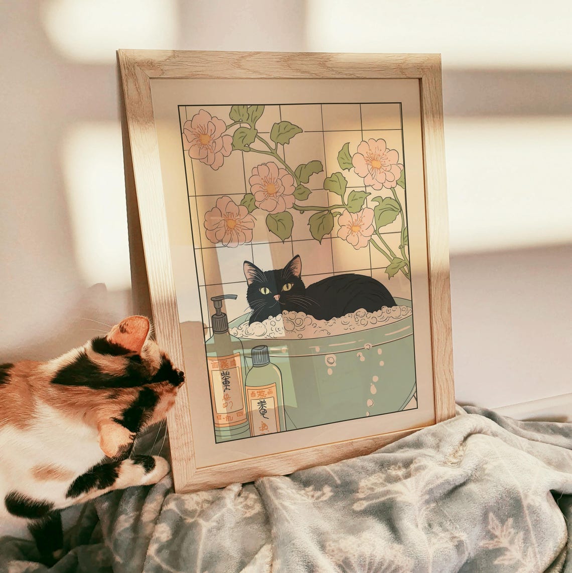 Black Cat Soaking in Green Bubble Bath With Pink Roses Poster - Image 3