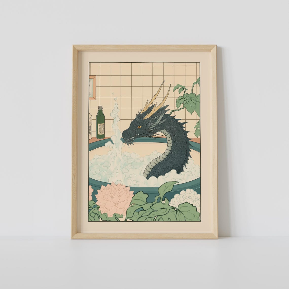 Black Dragon in a Steaming Bubble Bath with Peony Flowers Poster