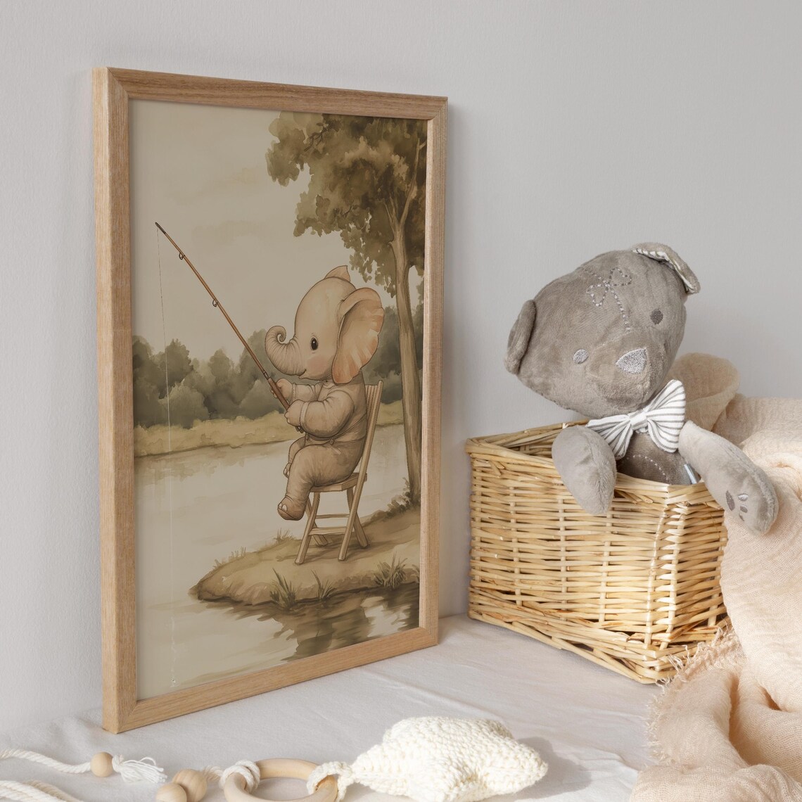 Elephant Fishing Print Nursery Decor Animal Nursery Art Gender Neutral Nursery Playroom Decor Kids Room Art Baby Room Decor - Image 3