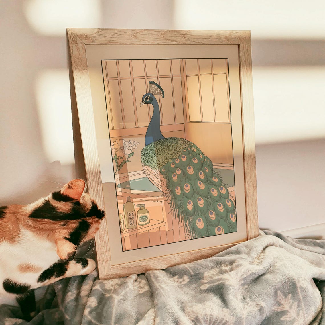 Peacock Standing by a Japanese Bathtub with Bath Bottles Poster - Image 3