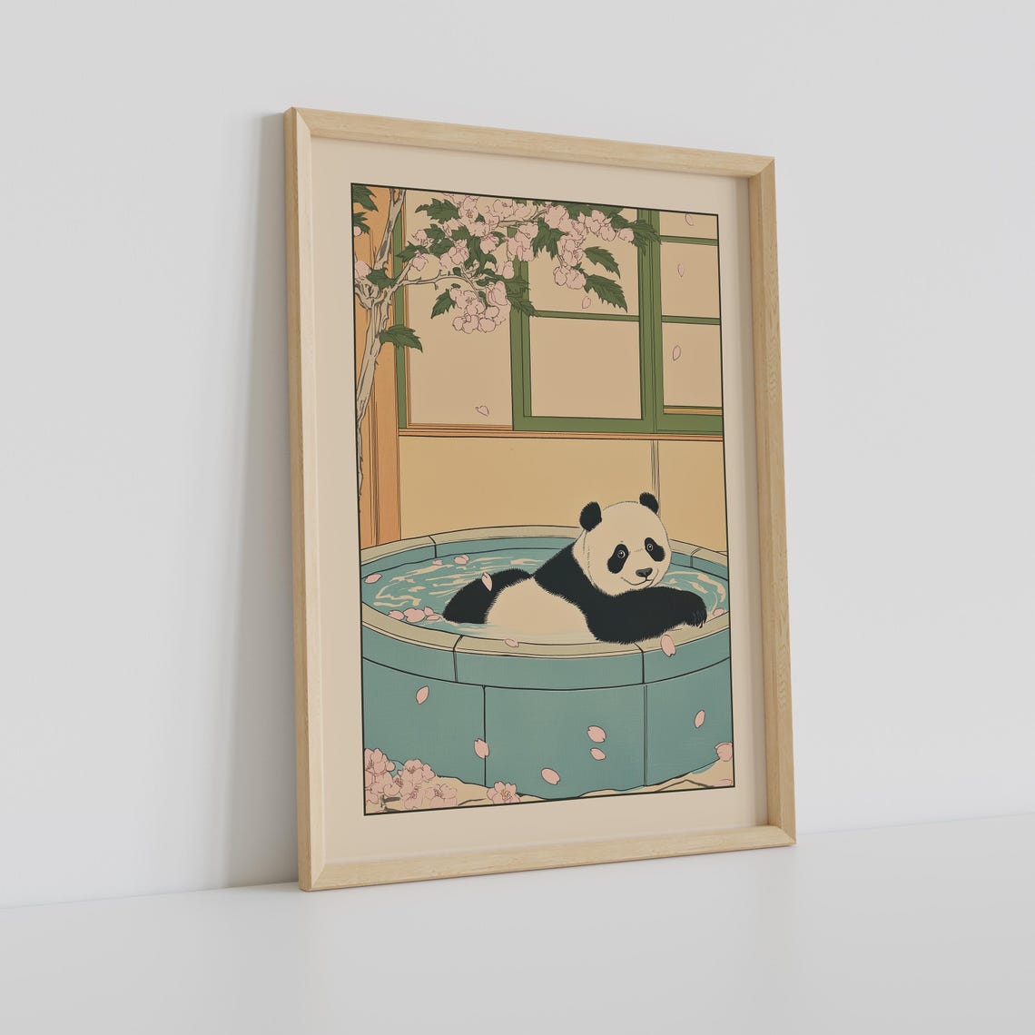 Giant Panda Relaxing in a Tiled Bath with Cherry Blossoms Poster - Image 2
