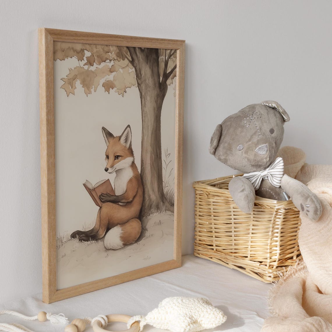 Red Fox Reading Book Leaning Against Tree Autumn Watercolor Poster - Image 3