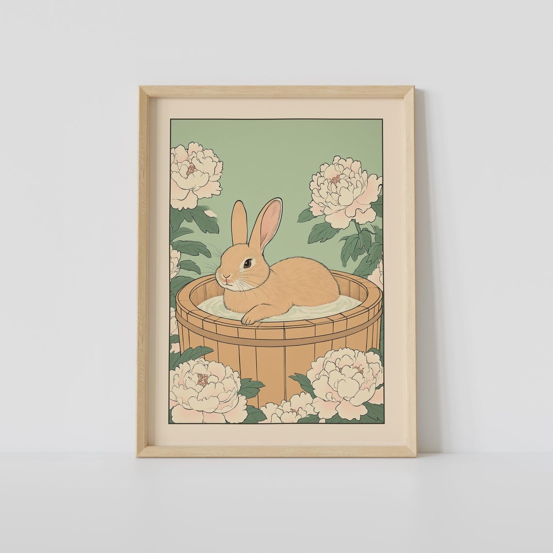 Japanese Rabbit Soaking in a Wooden Tub Surrounded by Peonies Poster