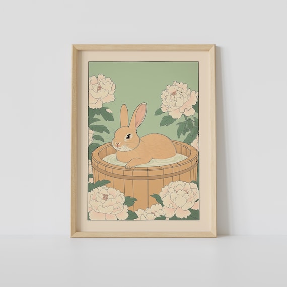 Japanese Rabbit Soaking in a Wooden Tub Surrounded by Peonies Poster