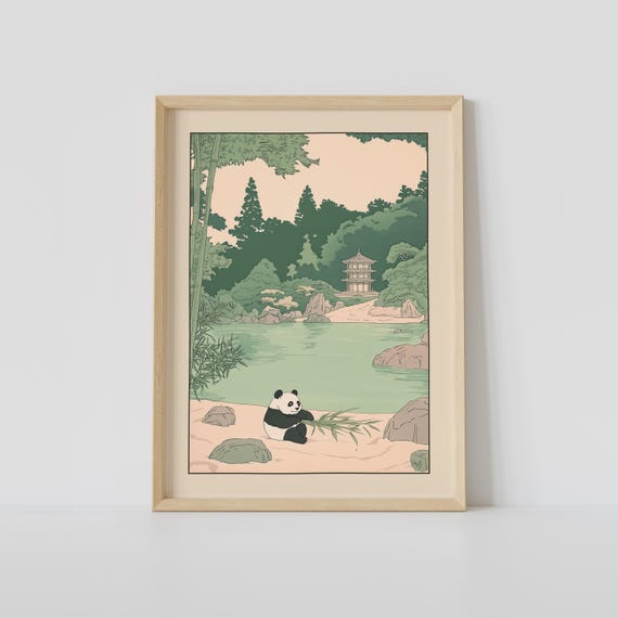 Panda Eating Bamboo Print Vintage Japanese Wall Art Woodblock Japandi Relaxing Poster Decor