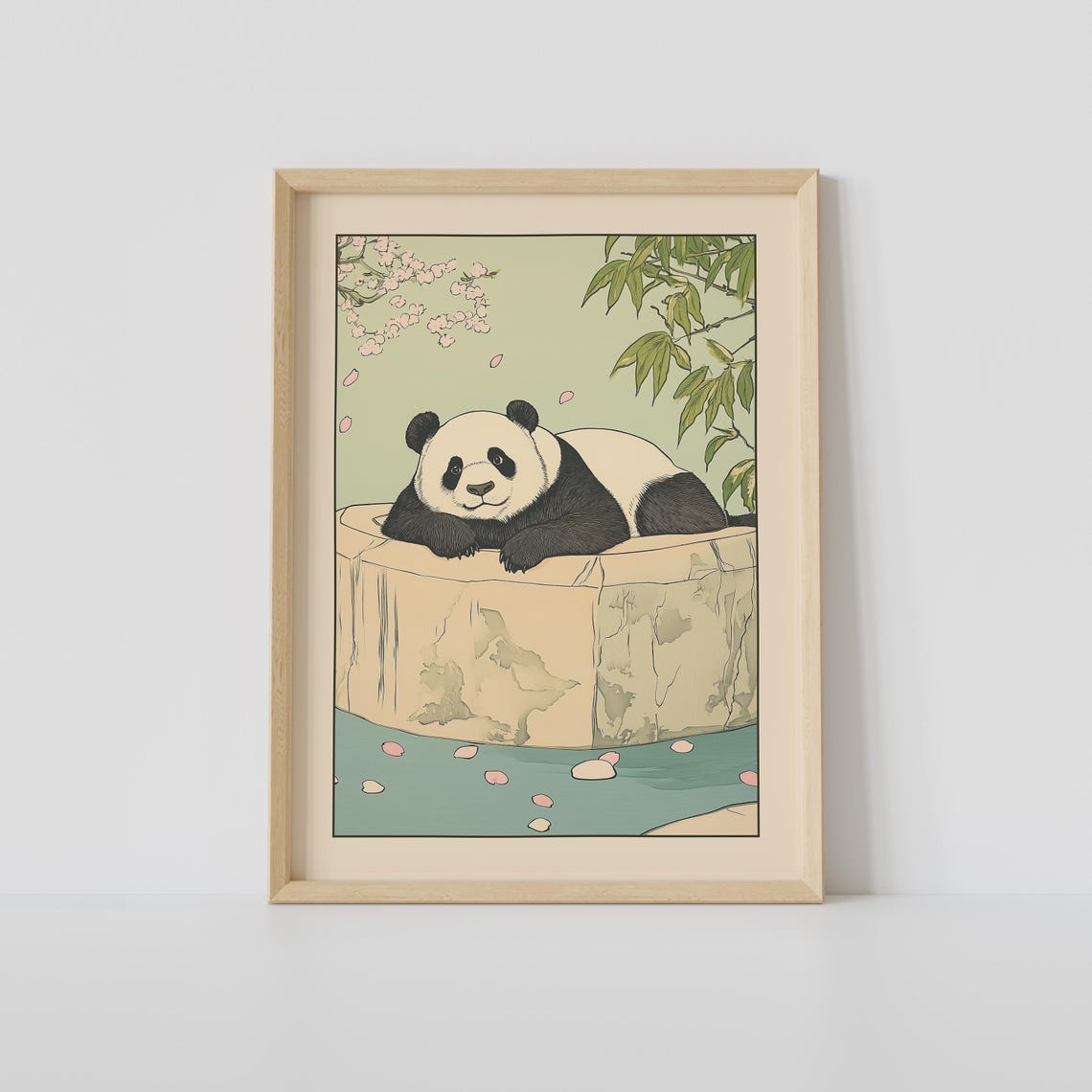 Giant Panda Lounging by Stone Pool Under Cherry Blossoms Poster